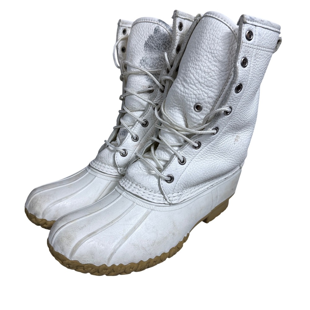 L.L. Bean Duck Boots Womens 8 White Shearling Lined Tumbled Leather Lace Up Tall